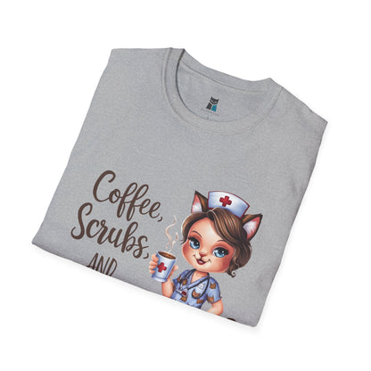 Coffee, Scrubs, and Cattitude Nurse Cat T-Shirt