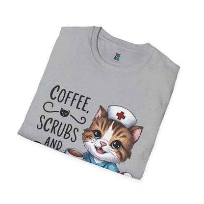 Coffee, Scrubs, and Cattitude Nurse Cat T-Shirt