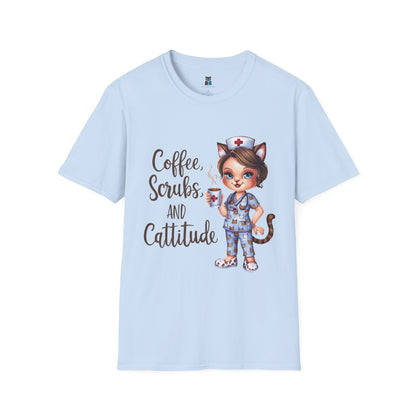 Coffee, Scrubs, and Cattitude Nurse Cat T-Shirt