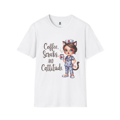 Coffee, Scrubs, and Cattitude Nurse Cat T-Shirt