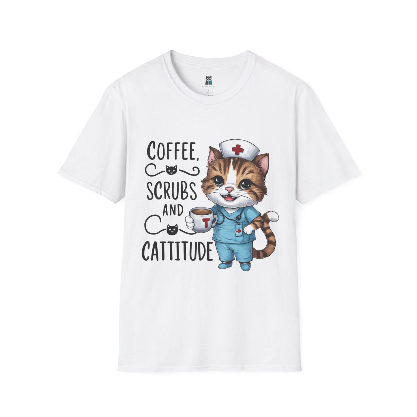 Coffee, Scrubs, and Cattitude Nurse Cat T-Shirt