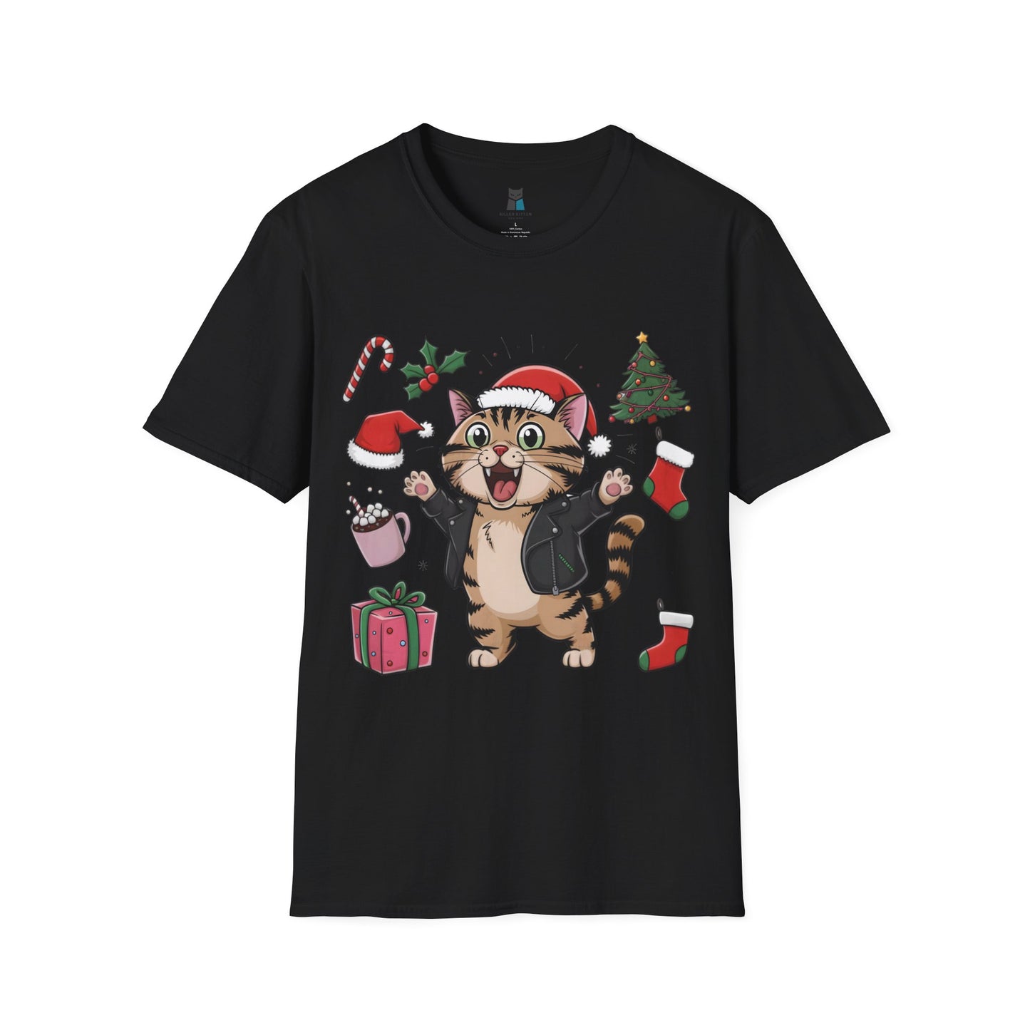 Festive Leather Santa Cat Unisex Softstyle T-Shirt