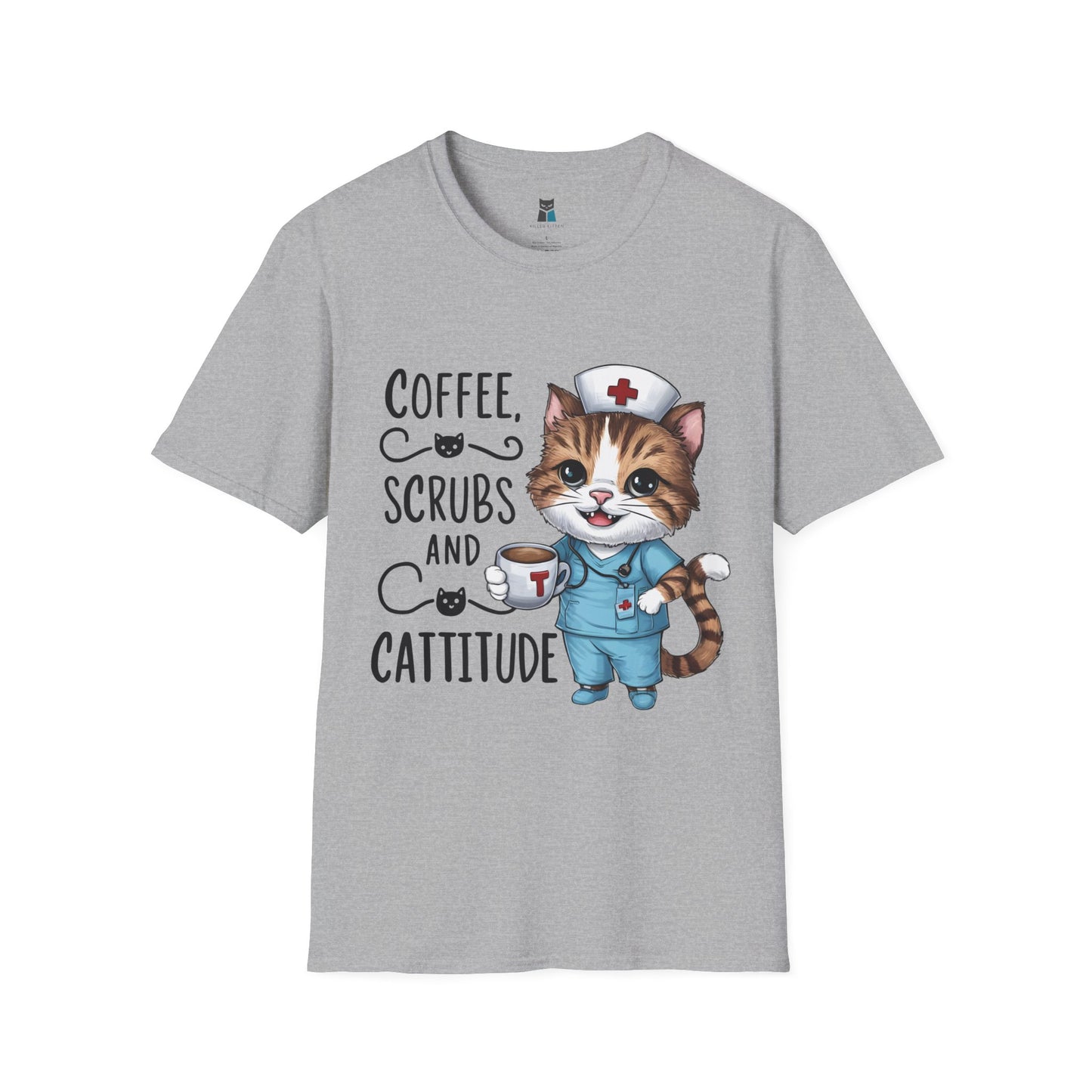 Coffee, Scrubs, and Cattitude Nurse Cat T-Shirt