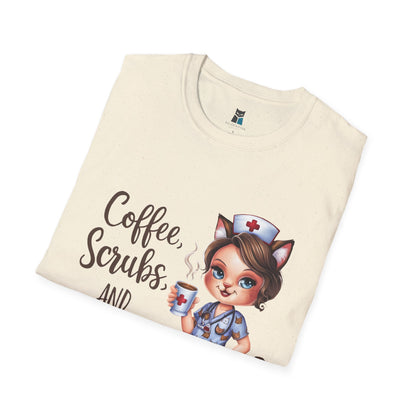 Coffee, Scrubs, and Cattitude Nurse Cat T-Shirt