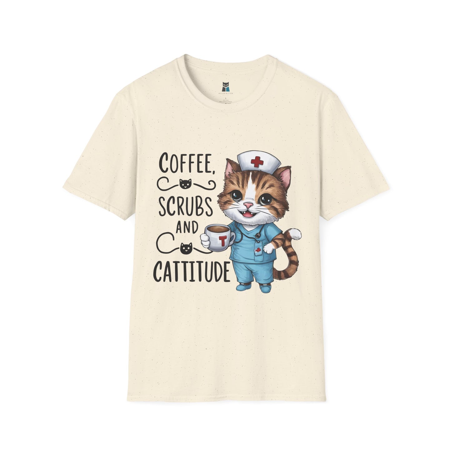 Coffee, Scrubs, and Cattitude Nurse Cat T-Shirt