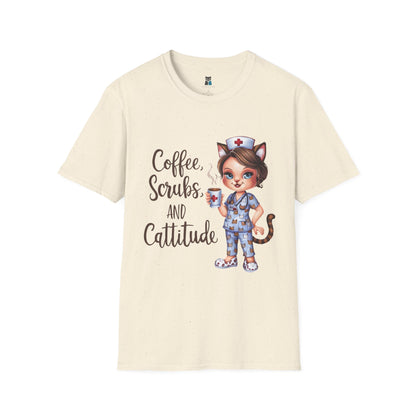 Coffee, Scrubs, and Cattitude Nurse Cat T-Shirt