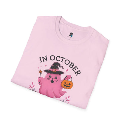 Pink Power: Breast Cancer Awareness Halloween Cat T-Shirt