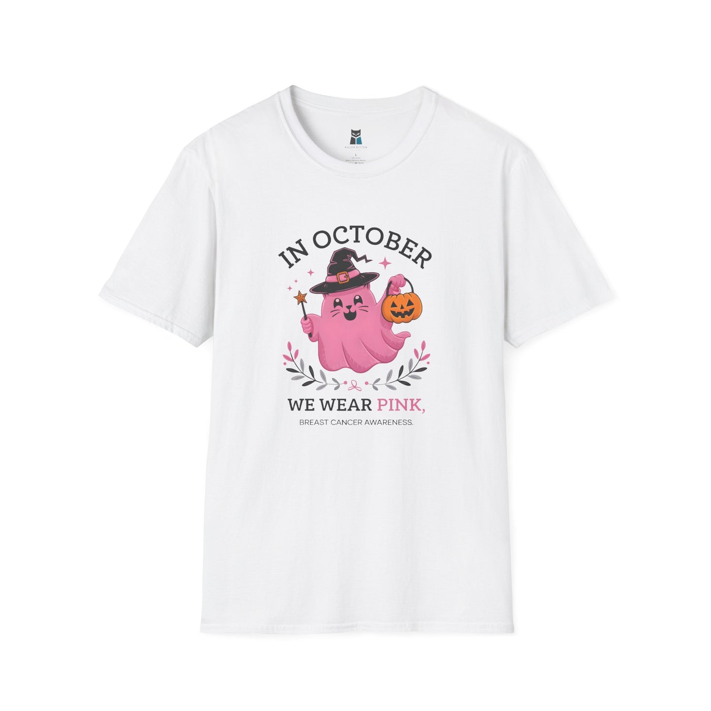 Pink Power: Breast Cancer Awareness Halloween Cat T-Shirt