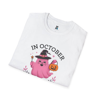 Pink Power: Breast Cancer Awareness Halloween Cat T-Shirt