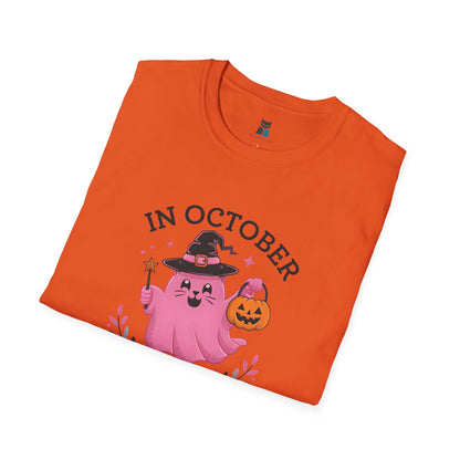 Pink Power: Breast Cancer Awareness Halloween Cat T-Shirt