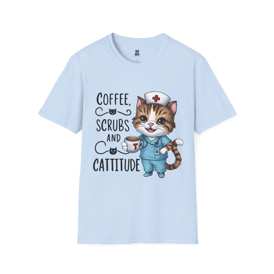 Coffee, Scrubs, and Cattitude Nurse Cat T-Shirt