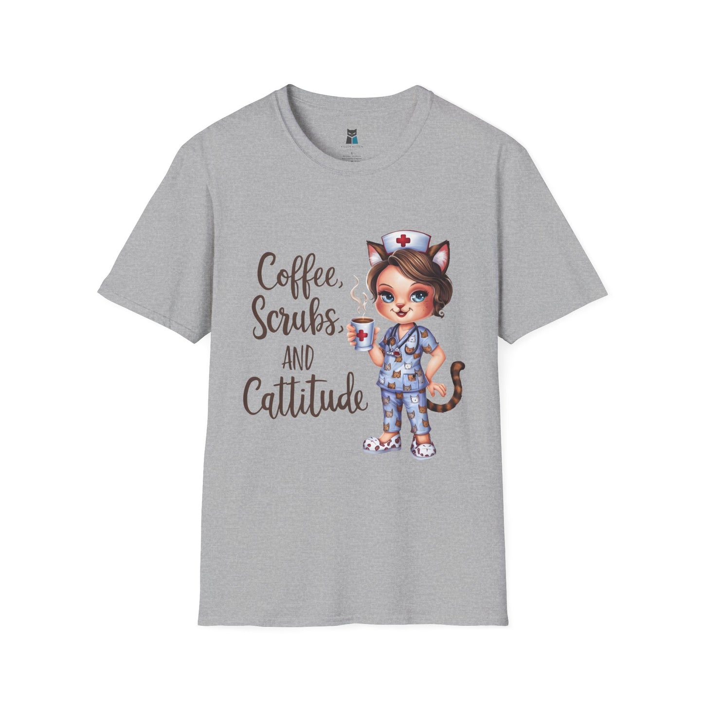 Coffee, Scrubs, and Cattitude Nurse Cat T-Shirt